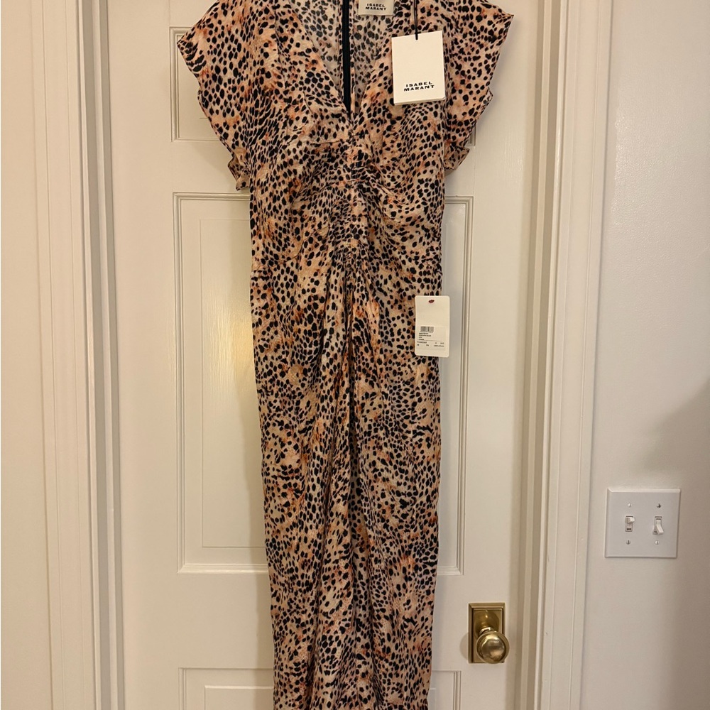 Isabel Marant Gathered Leopard Print Dress in Black and Brown